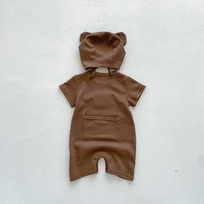 Cotton Romper Gift Hat with Ear New In Summer Kids Baby Girls Boys Short Sleeve Waffle Patch Bear Infant Newborn Jumpsuits