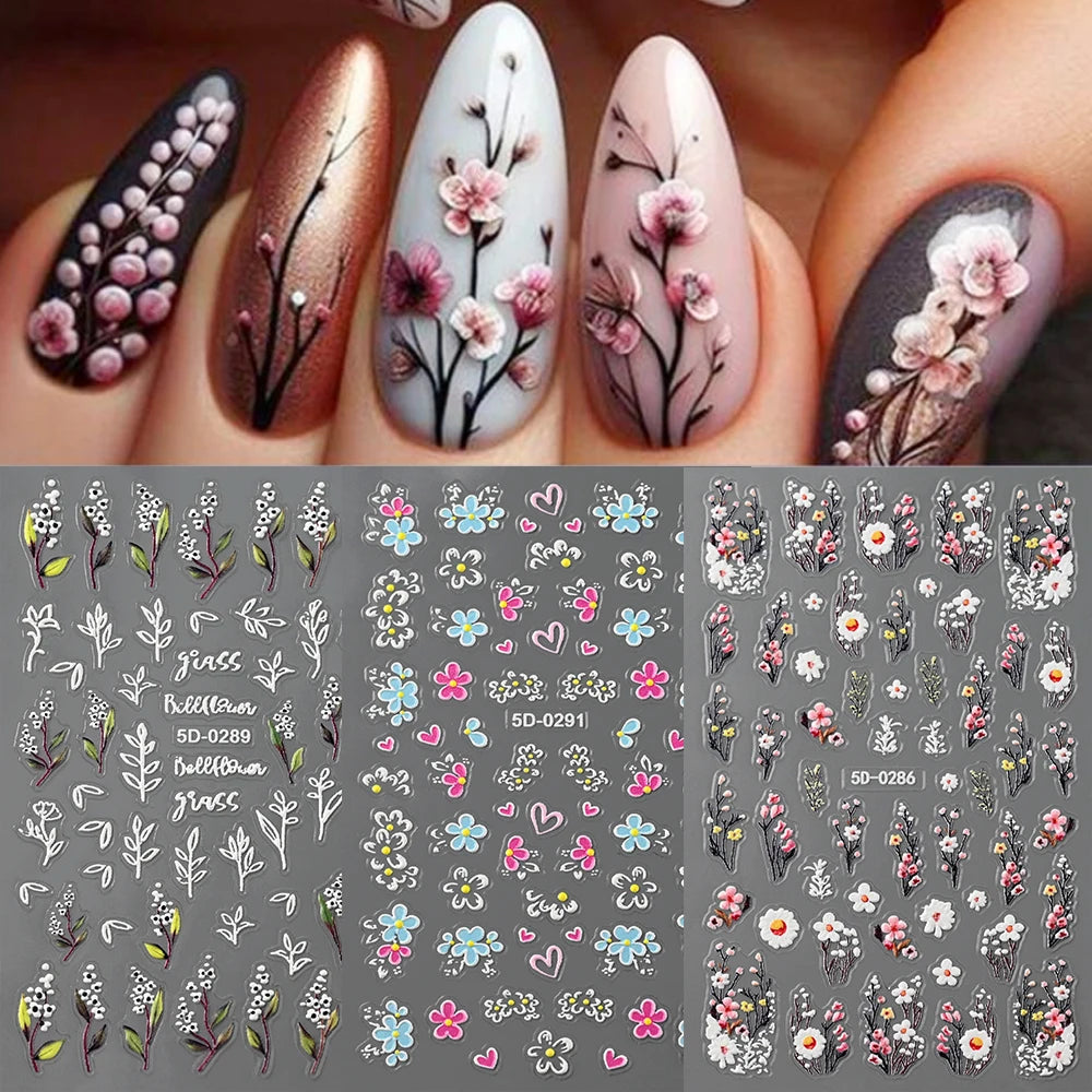 5D Pink Blue Floral Nail Art Stickers Petals Leaf Plant Embossed Nail Decals Spring Summer Flower Design for DIY Nail Supplies