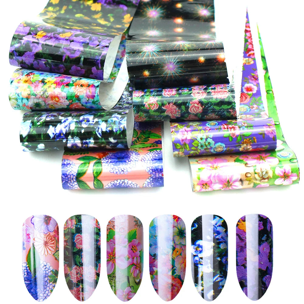 16Pc Holographic Nail Foil Set Starry Transfer 20*4cm Sticker Laser Flowers Leopard Mix Design Decal DIY Nail Art Decoration