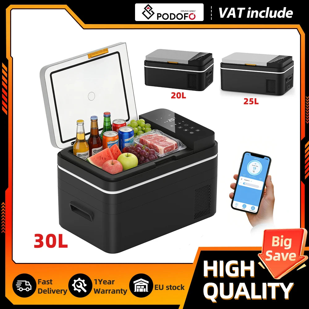 Podofo Car Refrigerator 20L 25L 30L Mini Compressor Car Freezer Cooler 48QT APP Control Cooler 12 24V DC 100 240V AC For Camping Truck Home Travel