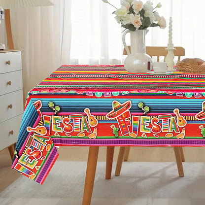 Mexican Stripes Plastic Tablecloth Holiday Party Decor Day of The Dead Waterproof Rectangle Tablecloth Mexican Fiesta Decoration