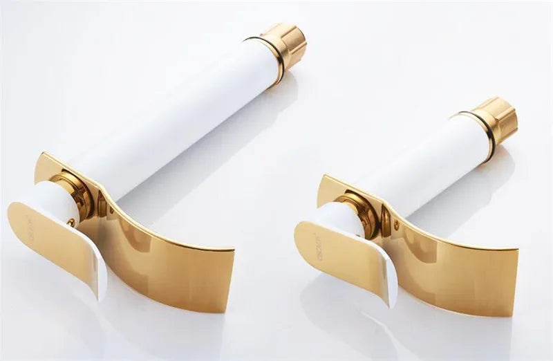 Basin Faucet Gold and White Waterfall Faucet Brass Bathroom Faucet Bathroom Basin Faucet Mixer Tap Hot and Cold Sink Faucet