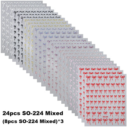 8pcs Mixed Color Bow Nail Art Stickers 3D Cute Red Black Pink bowknot Nail Charms Foils Y2K Gold Laser Effect Bow Manicure Decor