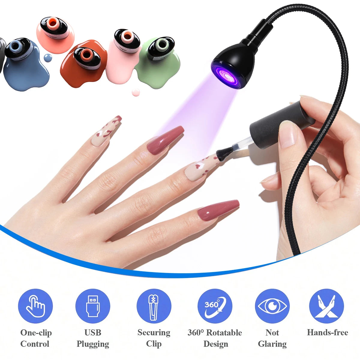 Nail LED UV Lamp for Drying Gel Nails Polish Clip-On Flexible Desk Mini Portable USB Nail Lamp UV Light Dryer for Manicure Salon