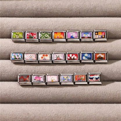 2025 Women's Fashion Colorful Flowers Oil Painting Style Series Italian Charms Fit 9mm Stainless Steel Bracelet DIY Jewelry Gift