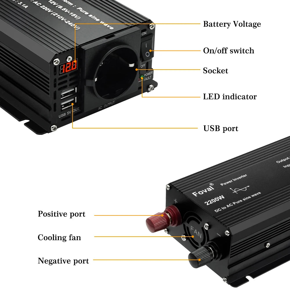 Pure Sine Wave Inverter DC 12V to AC 220V 230V 1500W/2200W/2600W/3000W Voltage Transfer Converter EU Socket Auto Accessories
