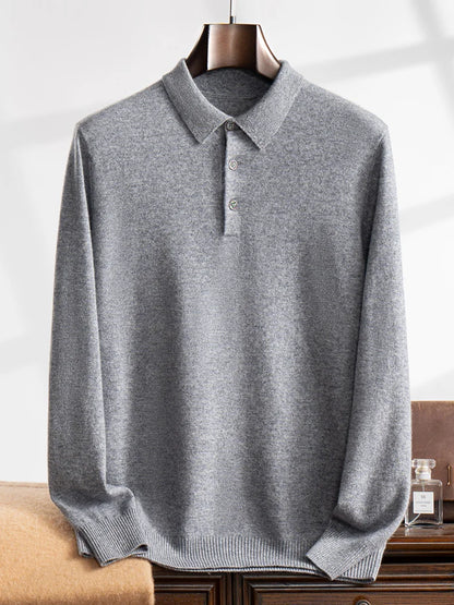 ANGEL 2024 Men's New POLO Shirt 100% Cashmere Knitted Pullover Solid Color Sweater Fall Winter Casual Business Office Jacket