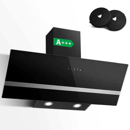 90 cm sieninis gartraukis, A+++ energijos klasė, 400 m³/h, jutiklinis valdymas, LED apšvietimas, juodas nerūdijantis plienas/stiklas, tylus 58 dB‌