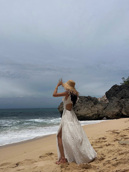White Embroidered Hollow Out Dress For Women'S Summer Strapless Square Neck With A Unique Open Back Design, Slim Fit Long Skirt