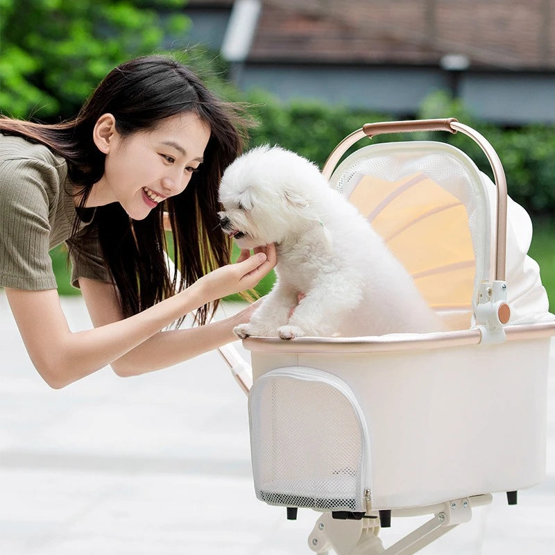 Foldable Dog Stroller Milk White PU Waterproof High Landscape Pet Stroller Outdoor Travel Pet Trolley Bearing Weight 15 KG