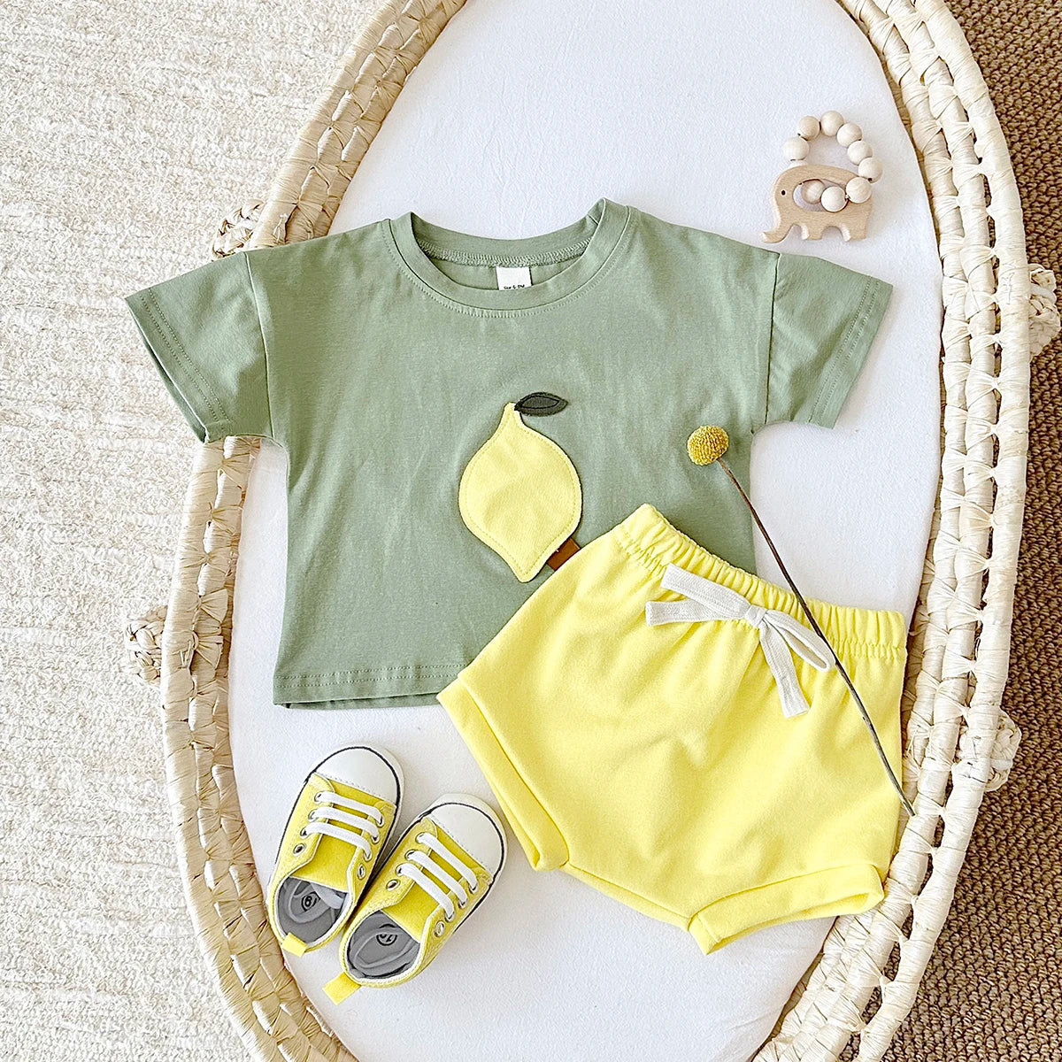 Newborn Summer Baby Clothes 2PCS Infant Toddler Set Fruit Lemon Print Round Neck T-shirt+Shorts Boys Girls Outfit Set 1-3Y