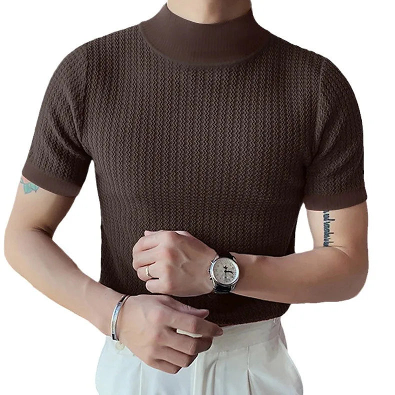 Summer New Casual Simple Knitted Base Shirt European and American Men's High Neck Water Ripple Solid Color T-Shirt