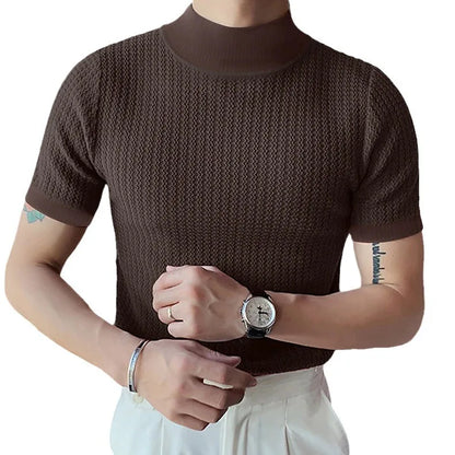 Summer New Casual Simple Knitted Base Shirt European and American Men's High Neck Water Ripple Solid Color T-Shirt