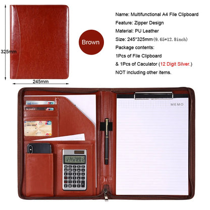 Executive Business A4 Leather Portfolio Folder Clipboard for Zippered Desk Organizer Document Briefcase Calculator for Office