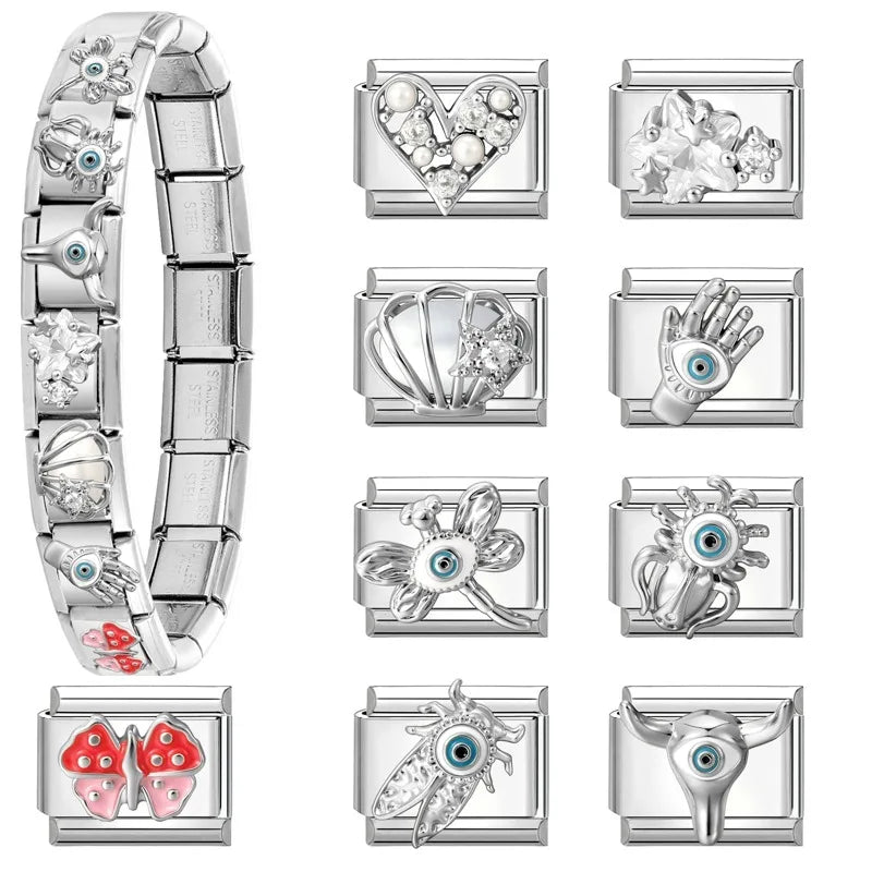Wholeasle Shiny Zircon Shell Love Heart Devil Eyes Italian Charm Links Fit 9mm Stainless Steel Bracelet Women Jewelry DIY Making