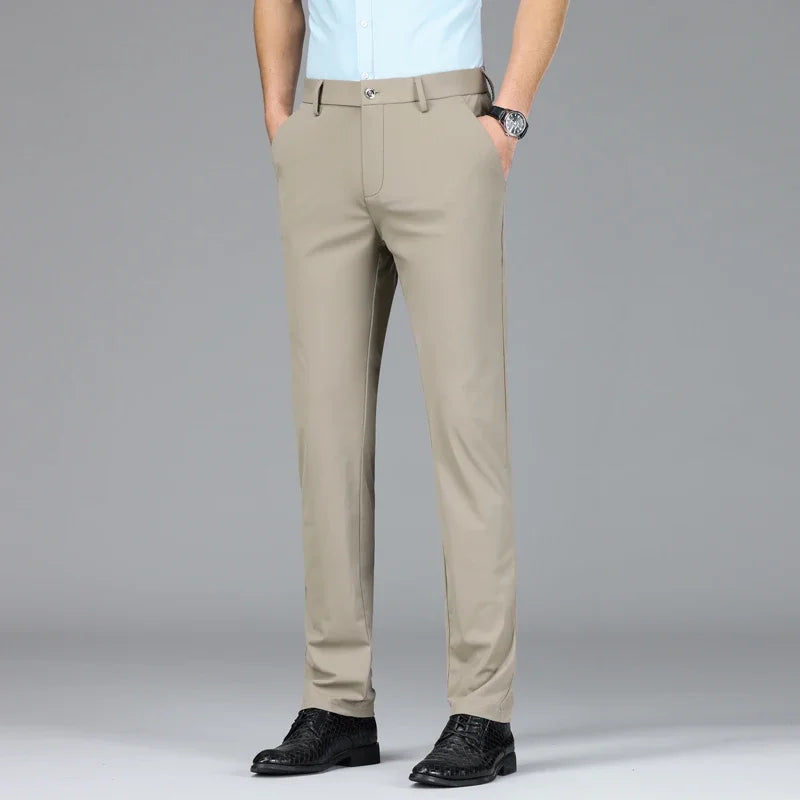 New Summer Men's Ice Silk High Stretch Business Suit Pants Male Army Green Blue Elastic Formal Office Straight Formal Trousers