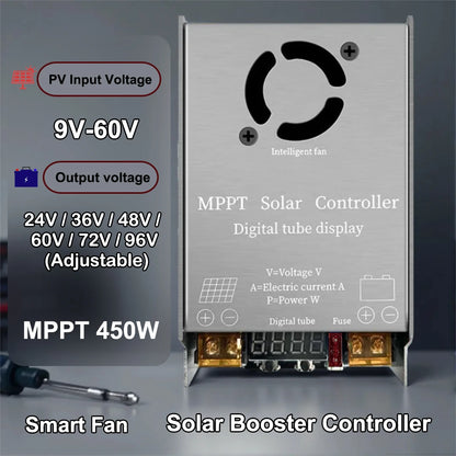 Step-Up MPPT Solar Controller Booster 450W 12A Digital Display Charging 9V-60V Input for 12V-120V Lithium Lead-Acid