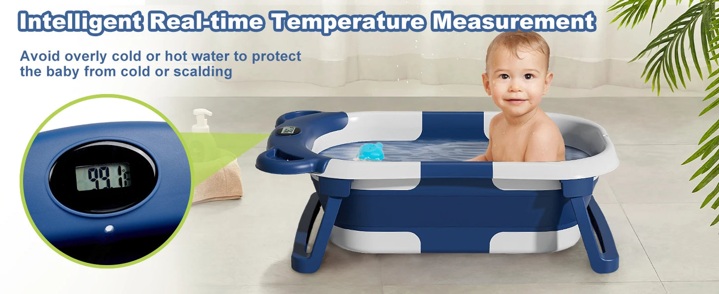 Collapsible Baby Bathtub for Newborn with Thermometer &1Soft Floating Cushion,Portable Travel Bathtub with Drain Hole,Baby Tubs