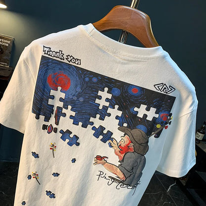 Fashionable men's T-shirt trend abstract artistic print summer loose combed cotton comfortable short sleeved top