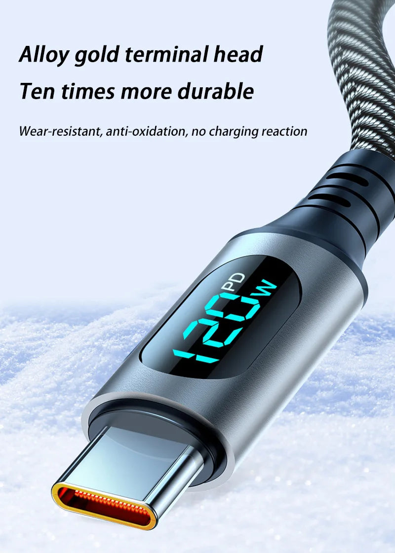 120W Cable Dual Digital Display Cable PD Fast Charging Highspeed Data Transfer USB Type C To Type-C Cable For Phone Macbook iPad