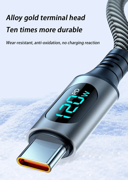 120W Cable Dual Digital Display Cable PD Fast Charging Highspeed Data Transfer USB Type C To Type-C Cable For Phone Macbook iPad