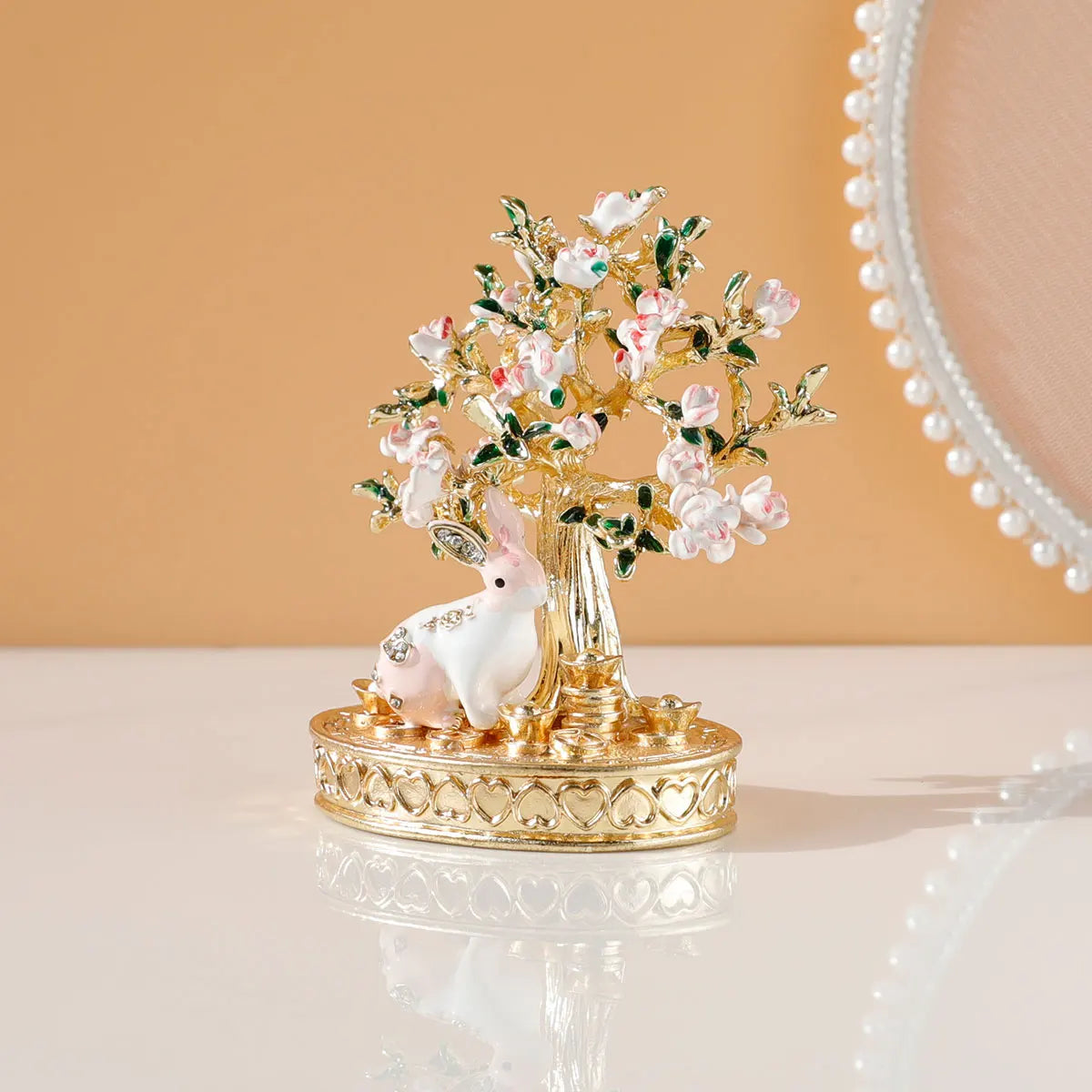 Cherry Blossom Tree Crystal Hinged Jewelry Box Little White Rabbit Necklace Earrings Nail Ring Box