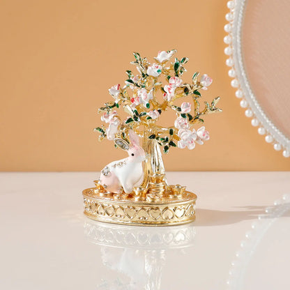 Cherry Blossom Tree Crystal Hinged Jewelry Box Little White Rabbit Necklace Earrings Nail Ring Box