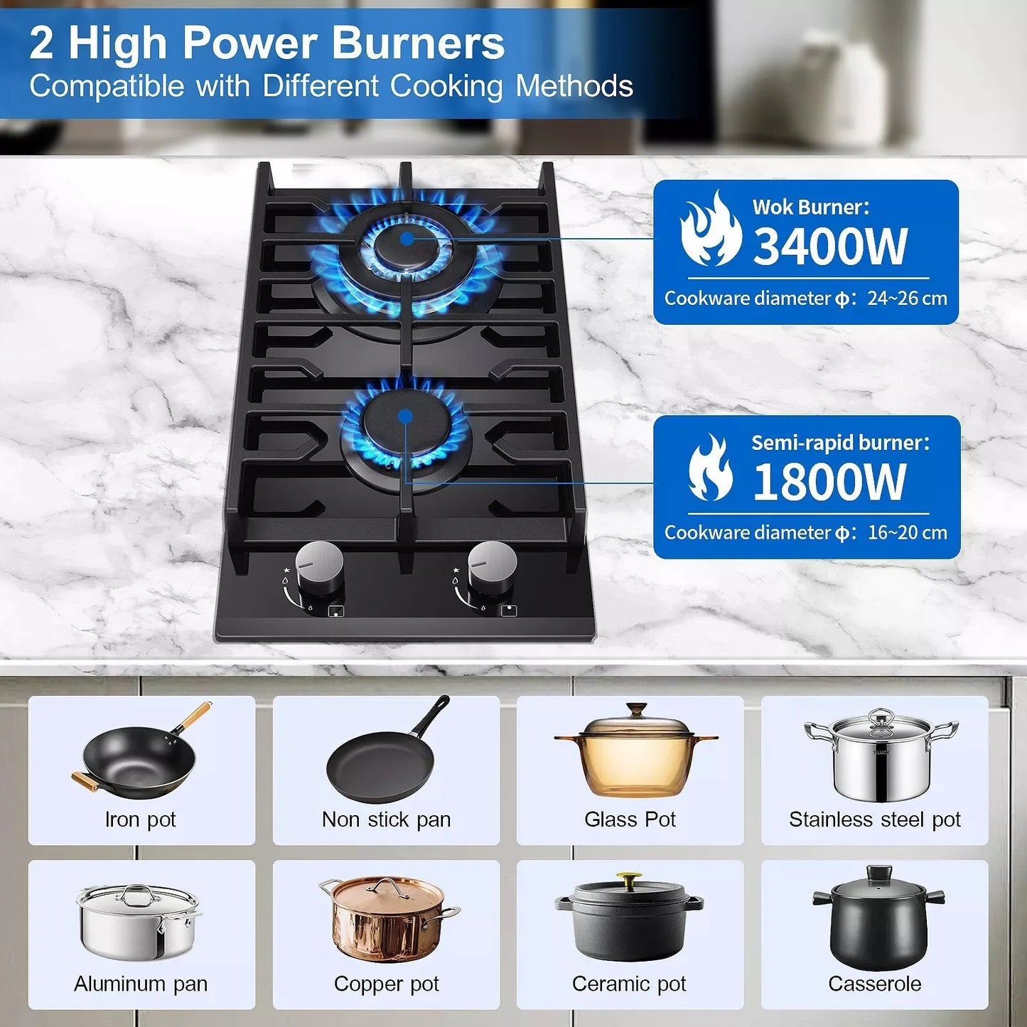 TopStrong 2 Burners 30cm Kitchen Built in Tempered Glass NG/LPG Dual Fuel Gas Hob UKGCT-B02