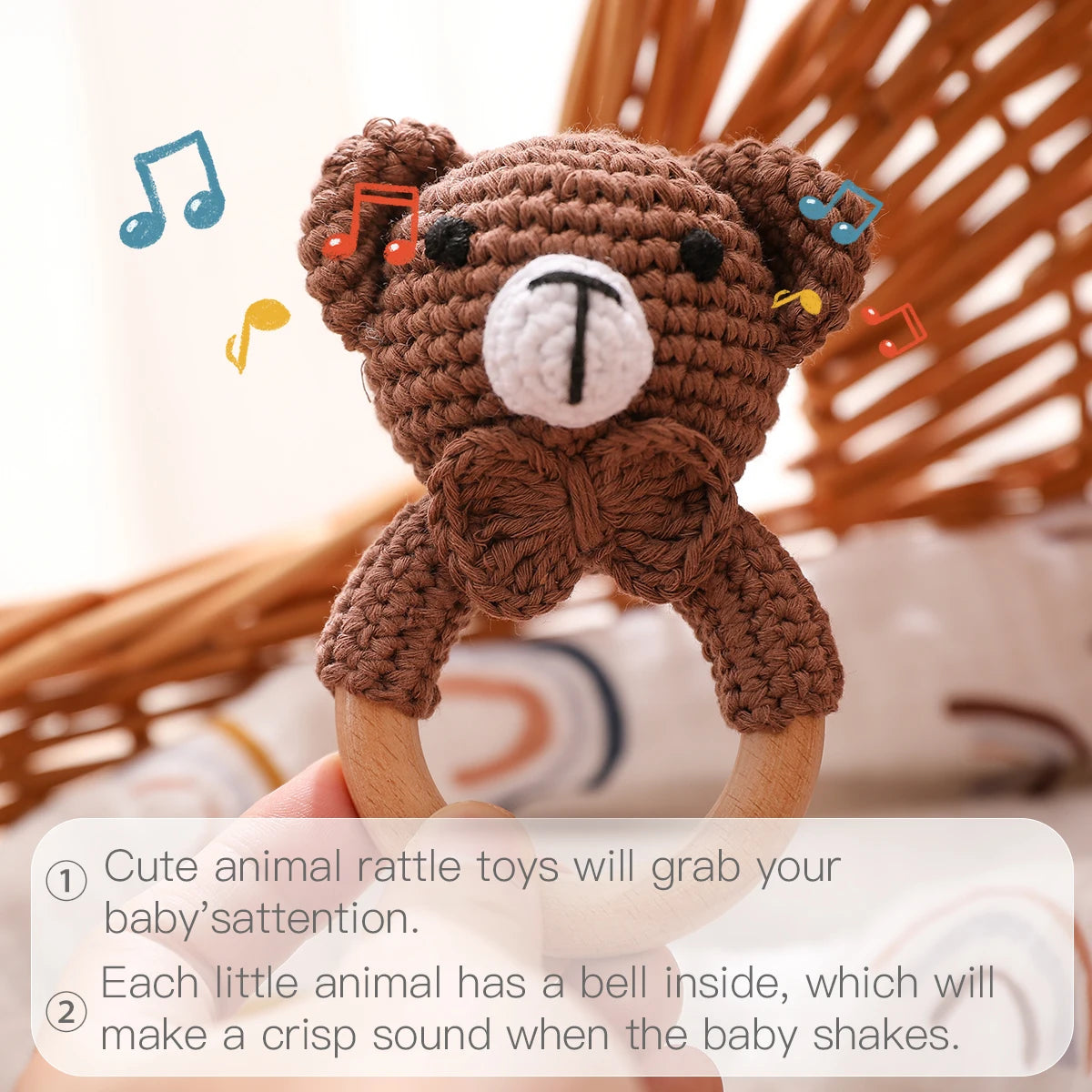 1pc Baby Teether Music Rattles for Kids Animal Crochet Rattle Elephant Giraffe Ring Wooden Babies Gym Montessori Children's Toys