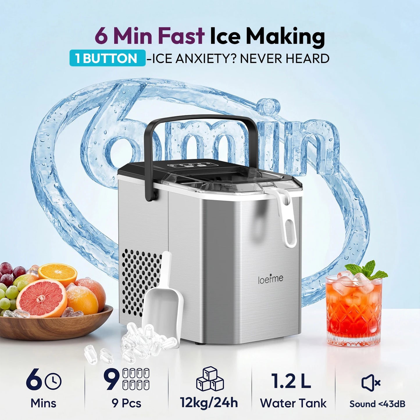 LOEFME Portable Bullet Ice Maker 12KG/24H Countertop Ice Machine 9 Cubes in 6 Min Auto Clean 2 Ice Sizes with Handle