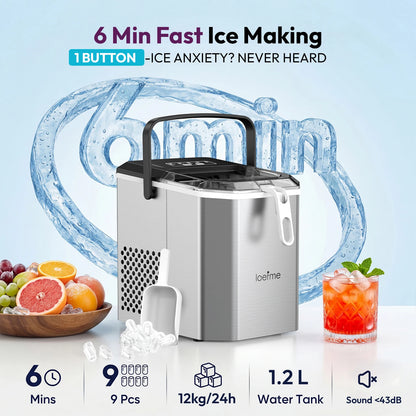 LOEFME Portable Bullet Ice Maker 12KG/24H Countertop Ice Machine 9 Cubes in 6 Min Auto Clean 2 Ice Sizes with Handle
