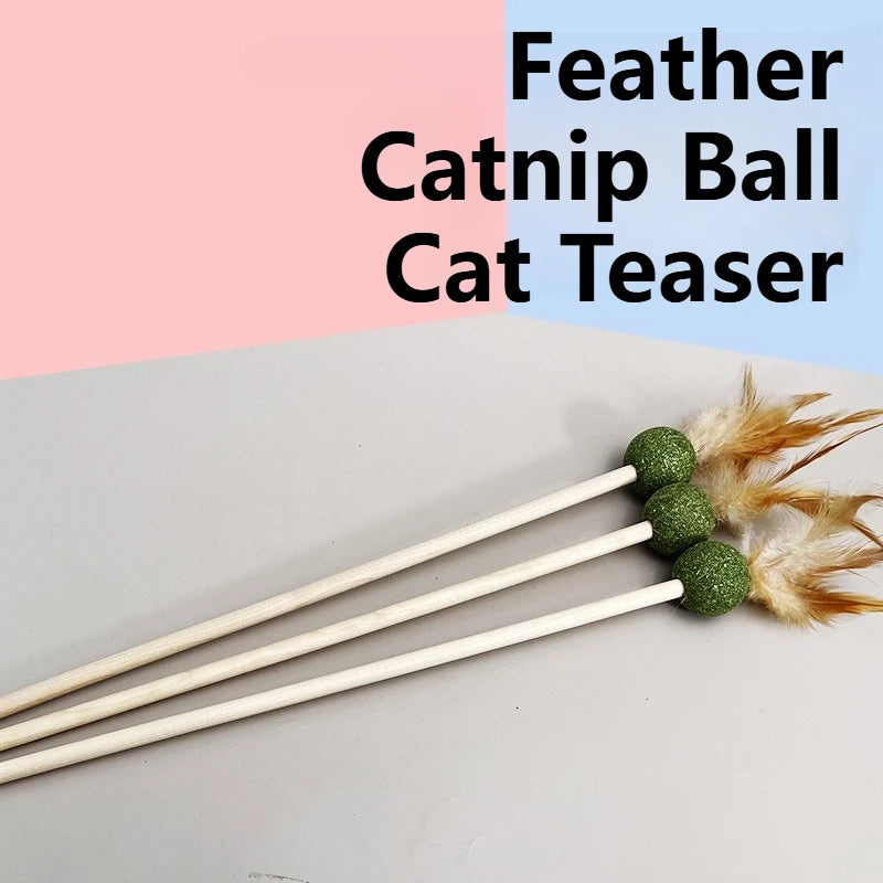 Catnip Ball with Feather Cat Teasing Stick Toy for Indoor Cats, Feather Kitten Toys for Cats, Encourages Active Play & Wellness