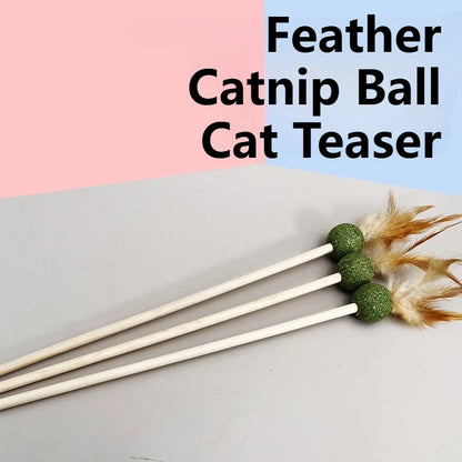 Catnip Ball with Feather Cat Teasing Stick Toy for Indoor Cats, Feather Kitten Toys for Cats, Encourages Active Play & Wellness