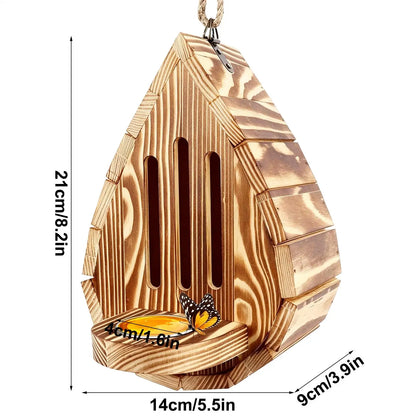 Hanging Wood Butterfly House Feeder with Rope Decorative Bee Nesting Box Multifunctional Moth Habitat for Garden Balcony