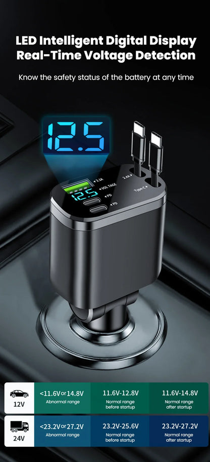 5 in 1 150W Car Charger Voltage Display PD30W Super Fast Charging 22.5W With Retractable Cable For IPhone Xiaomi Samsung