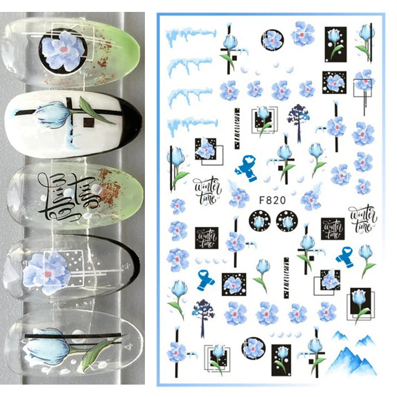 3d Nail Art Decals Watercolor Florals Purple Green Pink Flowers Leafs Fruit Adhesive Sliders Nail Stickers For Manicure