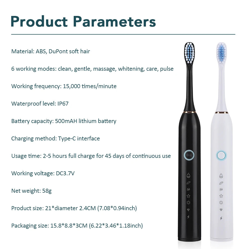 Electric Toothbrush For Teeth Brushes 6 Modes Dental Tooth Whitening Cleaner IP67 Waterproof Type-C Rechargeable Oral Care