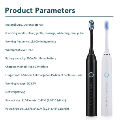 Electric Toothbrush For Teeth Brushes 6 Modes Dental Tooth Whitening Cleaner IP67 Waterproof Type-C Rechargeable Oral Care
