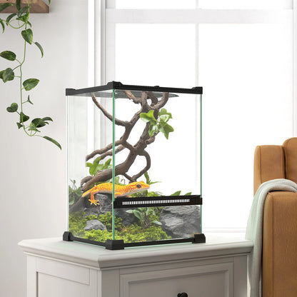 Glass terrarium for reptiles, vivarium 12 L with a metal trellis lid, 20x20x30 cm, black