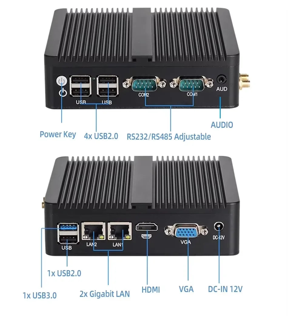 XCY Fanless Mini PC Intel Celeron J6412 N5095 2x GbE LAN 2x RS232 HDMI VGA WiFi 4G LTE Windows 10 Linux Industrial Computer