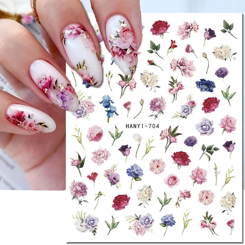 3d Nail Art Decals Elegant White RoyalBlue Roses Flowers Adhesive Sliders Nail Stickers Decoration For Nail Manicure