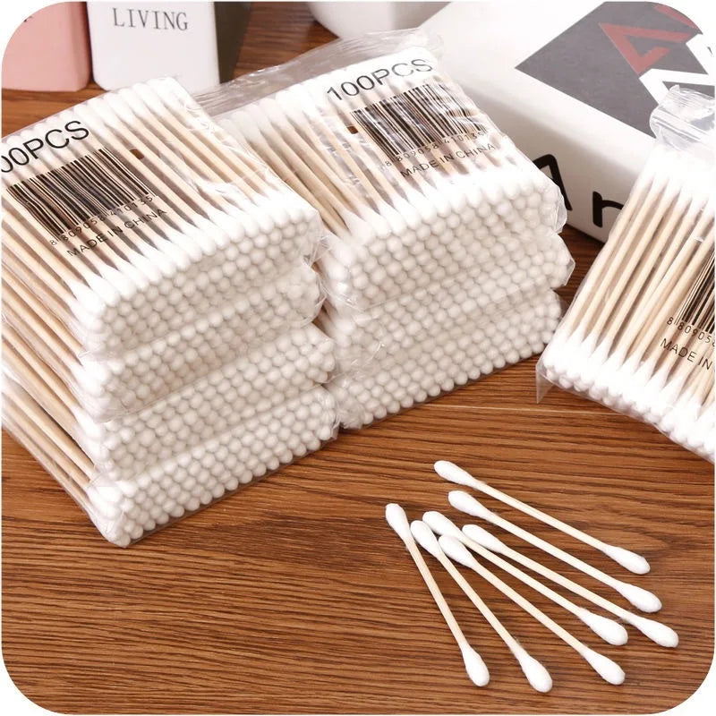 100PCS Double Head Wood Cotton Swab Nose Ears Cleaning Women Makeup Tools Lipstik Cotton Buds Tip Sticks Bastoncillos Oidos