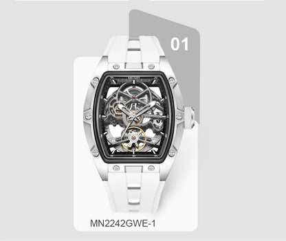 MEGIR Tonneau Skeleton Mechanical Watch Men Sport Wristwatch Silicone Strap Luxury Hollow Dial Male Automatic Mechanical Watches