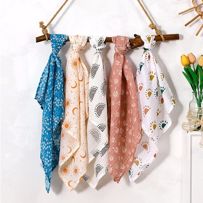 HappyFlute New Print 5Pcs/set 60*60CM Soft Muslin Swaddle Feeding Burp Cloth Newborn Pure Cotton Baby Face&Hand Wash Wipe