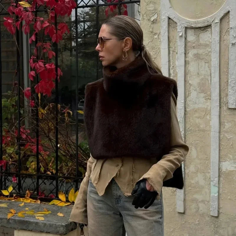 Autumn Winter Turtleneck Eco Mink Fur Tank Tops Sleeveless Jacket Coat New Fashion Faux Fur Sable Vest Crop Top