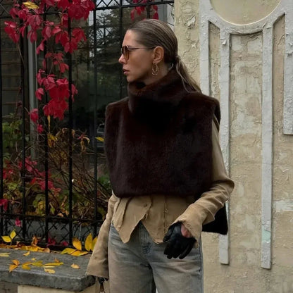 Autumn Winter Turtleneck Eco Mink Fur Tank Tops Sleeveless Jacket Coat New Fashion Faux Fur Sable Vest Crop Top