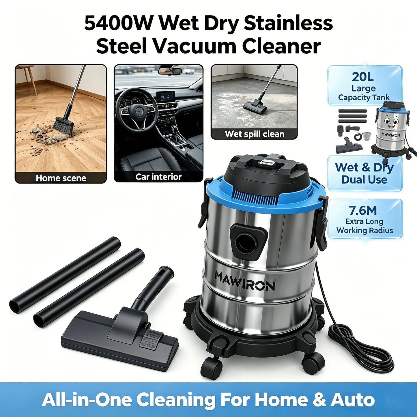 🔧 Heavy Duty Wet Dry Barrel Vacuum Cleaner Stainless Steel Bucket 5400W Powerful Suction Multi Scene Vacuum for Garage Workshop Car Interior Floor Stain & Dry Dust Removal
