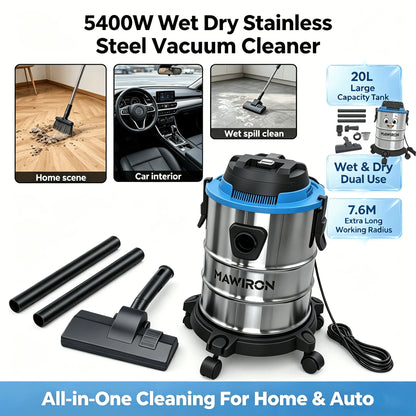 🔧 Heavy Duty Wet Dry Barrel Vacuum Cleaner Stainless Steel Bucket 5400W Powerful Suction Multi Scene Vacuum for Garage Workshop Car Interior Floor Stain & Dry Dust Removal