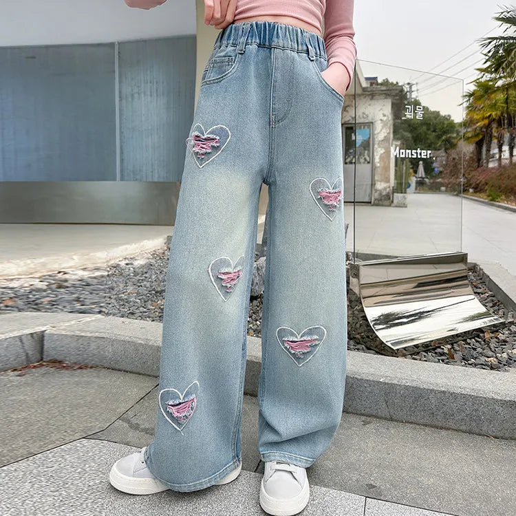 New 4-14 Years Spring Autumn Teenage Girls Jeans Full Print Bow Embroidery Fashion Wide-leg Denim Pants For Kids