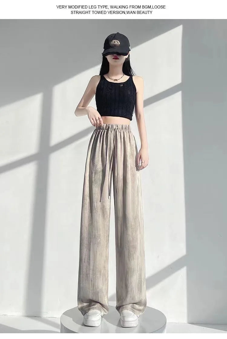 Summer Loose Straight Casual Draped Ice Silk Tie-Dye Wide-Leg Pants Grils Mosquito-proof Casual Trousers Women's Wide-leg Pants